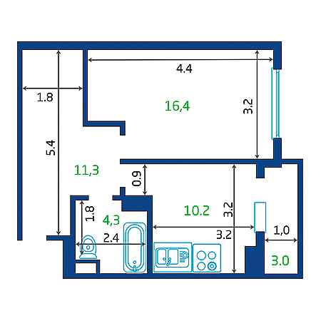 1 комнатная 43.7м²