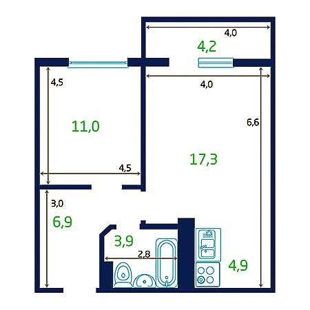 1 комнатная 46.1м²