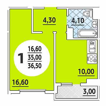 1 комнатная 36.5м²