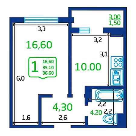 1 комнатная 36.6м²