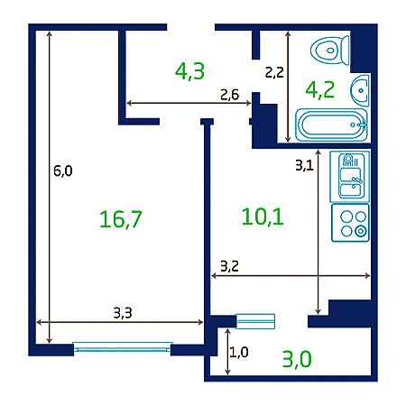 1 комнатная 36.8м²