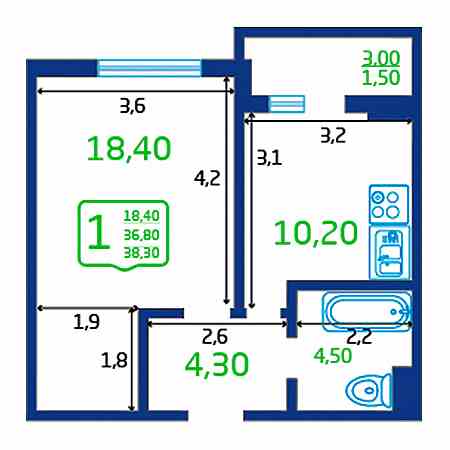 1 комнатная 37.3м²