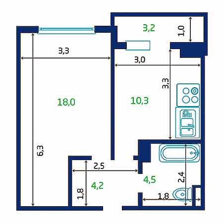 1 комнатная 38.6м²