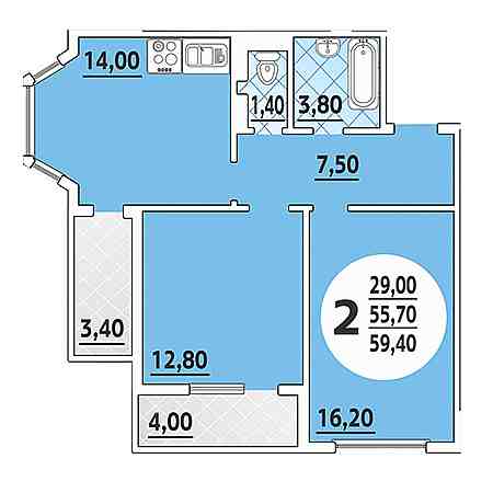 2 комнатная 59.4м²