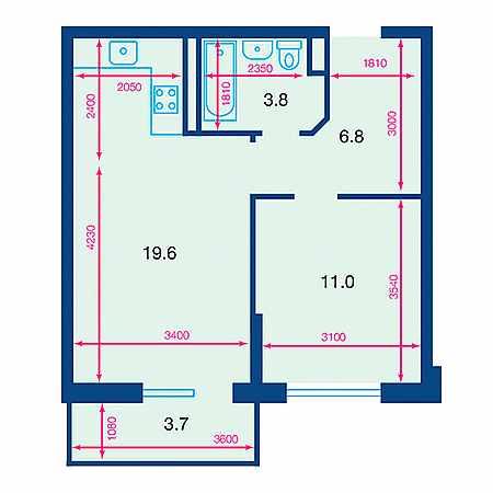 2 комнатная 42.3м²