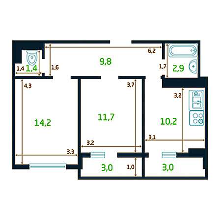 2 комнатная 53.2м²