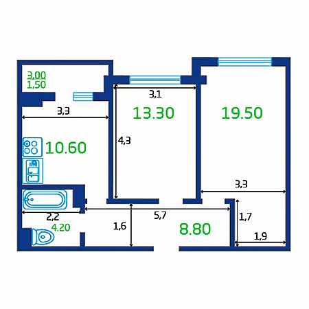 2 комнатная 57.9м²