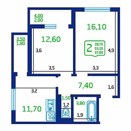 2 комнатная 57м²