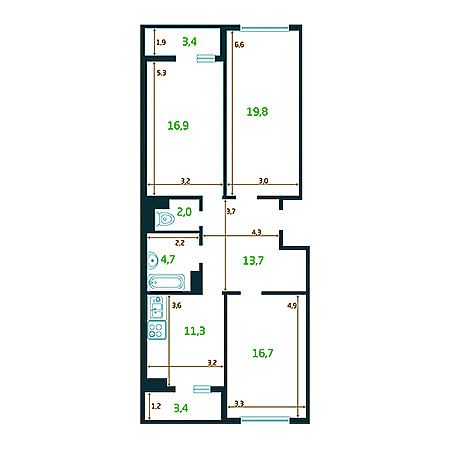 3 комнатная 84.5м²