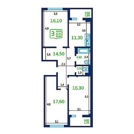 3 комнатная 85.8м²