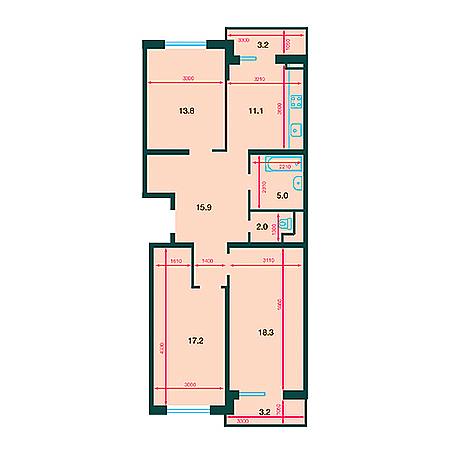 3 комнатная 86.5м²