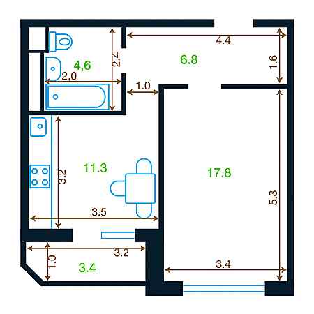 1 комнатная 42.2м²