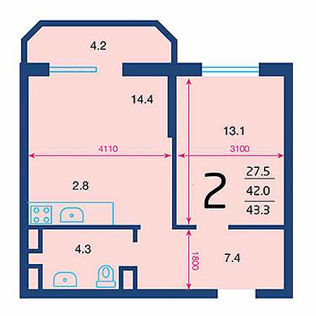 1 комнатная 43.3м²