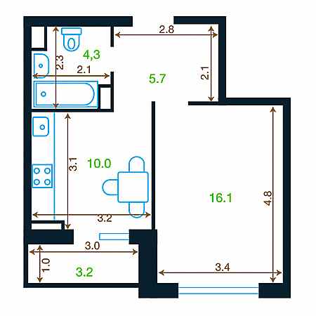 1 комнатная 37.7м²