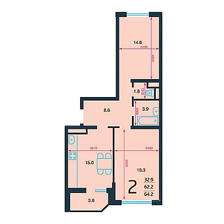 2 комнатная 64.2м²