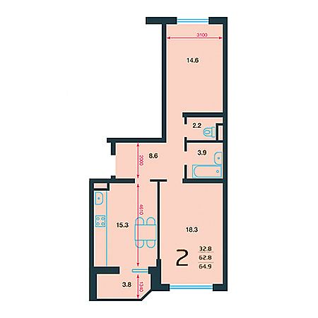 2 комнатная 64.9м²