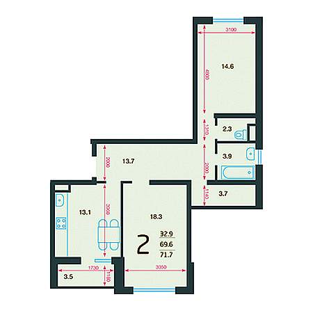 2 комнатная 70.7м²