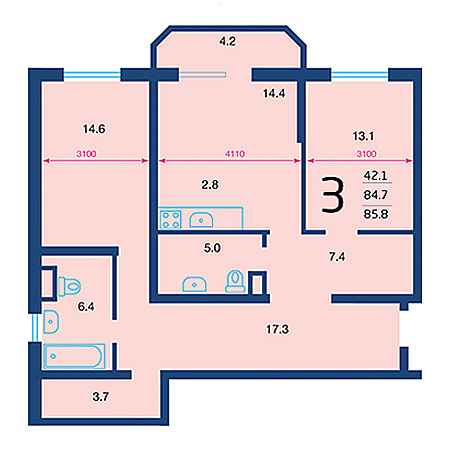 3 комнатная 85.8м²