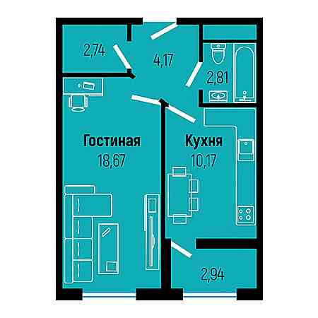 1 комнатная 40.03м²