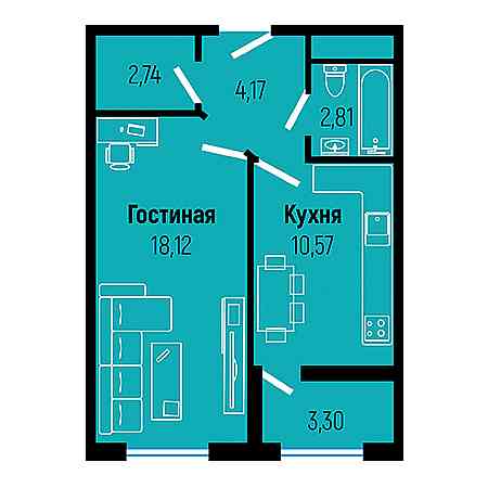 1 комнатная 40.06м²