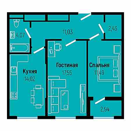 2 комнатная 60.59м²