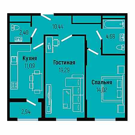 2 комнатная 61.92м²