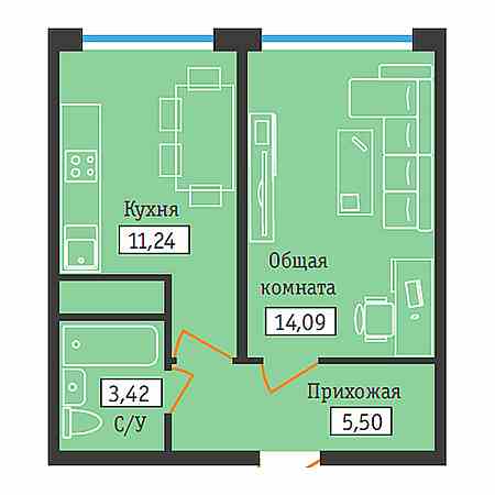 1 комнатная 34.25м²