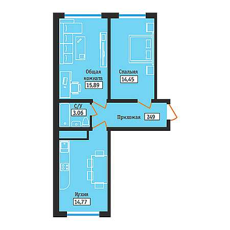 2 комнатная 55.53м²