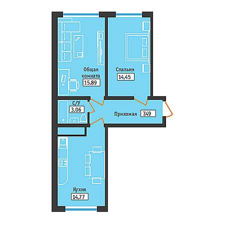 2 комнатная 55.65м²