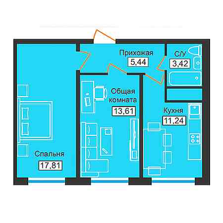 2 комнатная 51.52м²