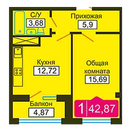 1 комнатная 42.87м²