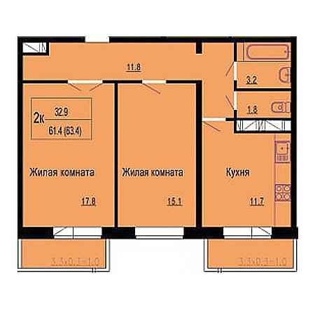 2 комнатная 63.4м²