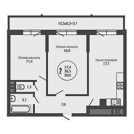 2 комнатная 59.6м²