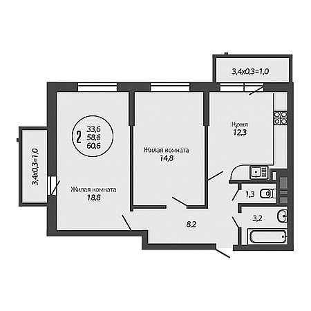 2 комнатная 60.6м²