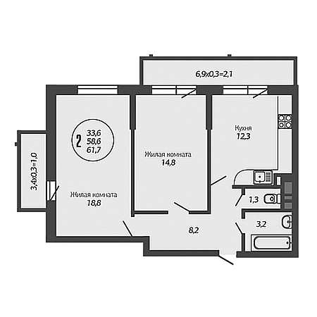 2 комнатная 61.7м²