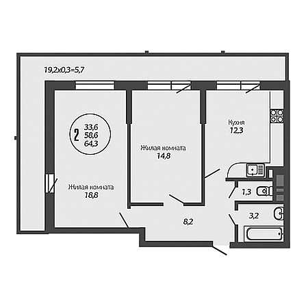 2 комнатная 64.3м²