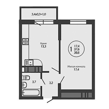 1 комнатная 38.6м²