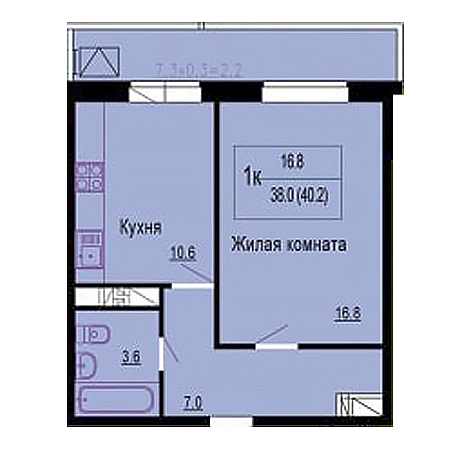 1 комнатная 40.2м²