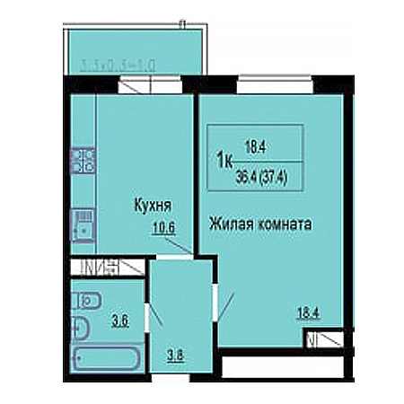 1 комнатная 37.4м²