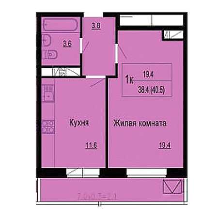 1 комнатная 40.5м²