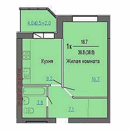 1 комнатная 38.8м²