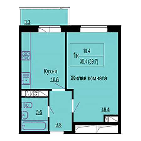 1 комнатная 39.7м²