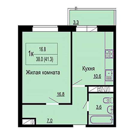 1 комнатная 41.3м²