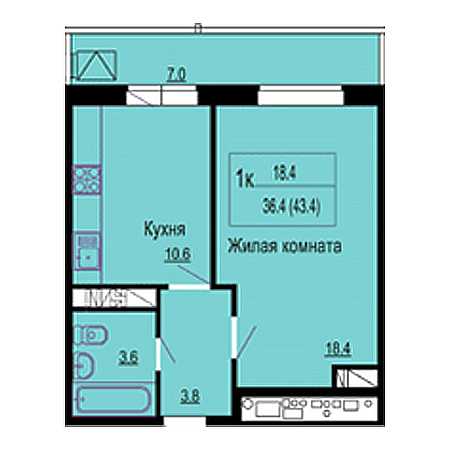 1 комнатная 43.4м²