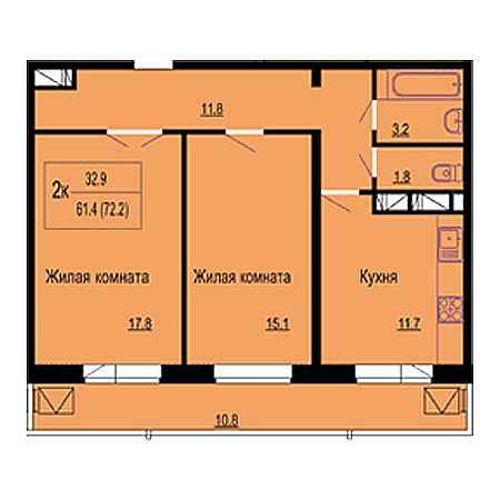 2 комнатная 72.2м²