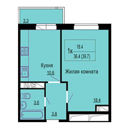 1 комнатная 39.7м²