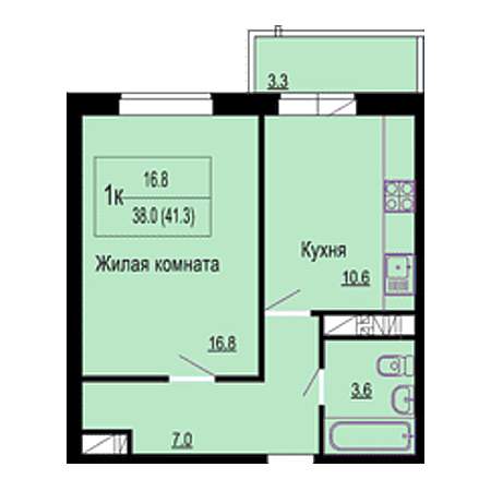 1 комнатная 41.3м²