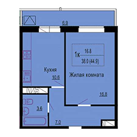 1 комнатная 44.9м²