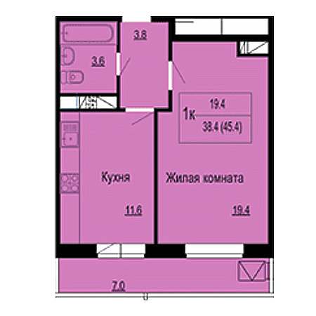 1 комнатная 45.4м²