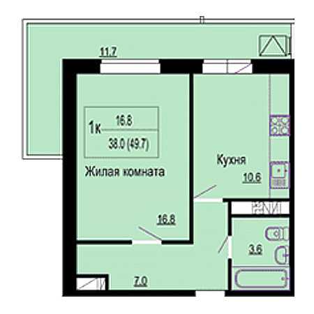 1 комнатная 49.7м²